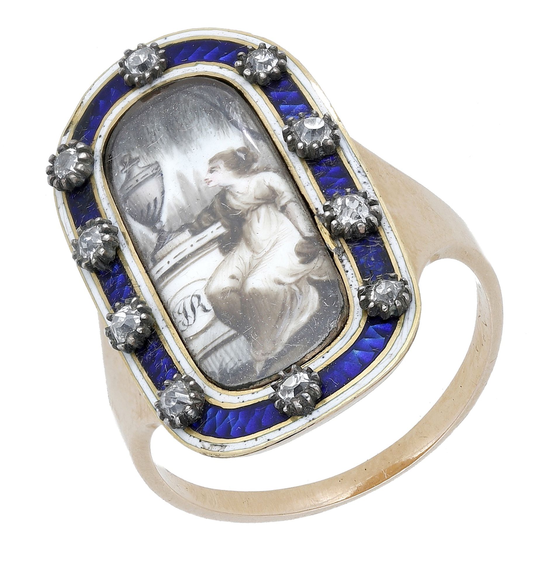 A late 18th century memorial ring, the oblong shaped panel centred with a glazed en grisaill...