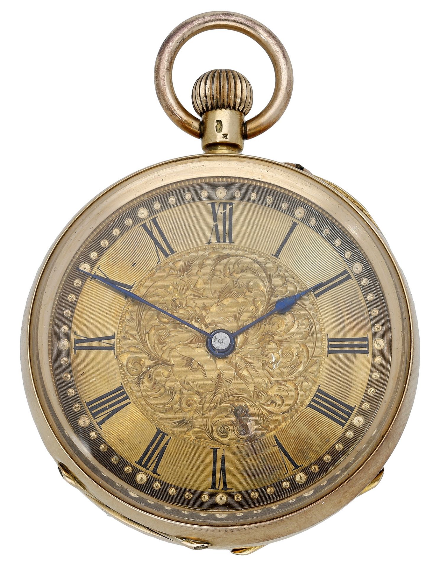 Swiss. A gold open-faced keyless watch, circa 1890. Movement: cylinder escapement. Dial: g...