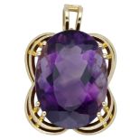 An amethyst pendant, the large oval-cut amethyst set within a tiered scallop frame, stamped...