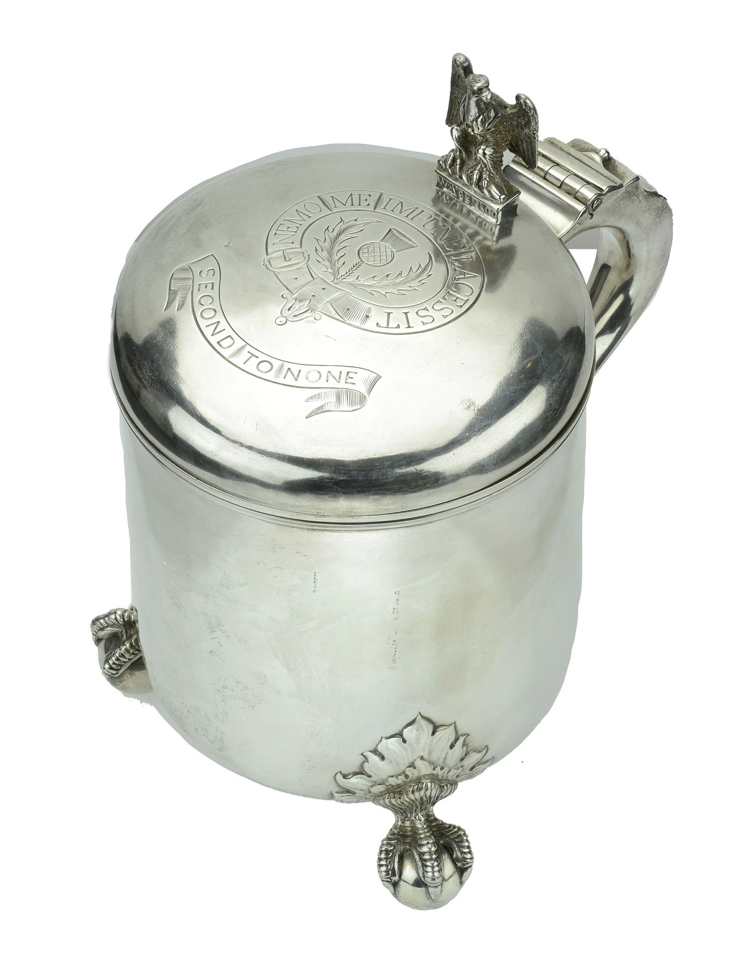 Of Regimental interest: A Victoria silver peg tankard for the Scots Greys, the lid engraved...