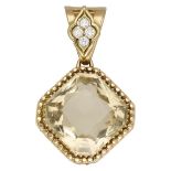 A citrine and diamond pendant, French, the octagonal-cut citrine suspended beneath a brillia...