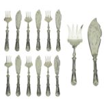 A set of six Russian silver fish knives and forks and a pair of matching servers, each knife...