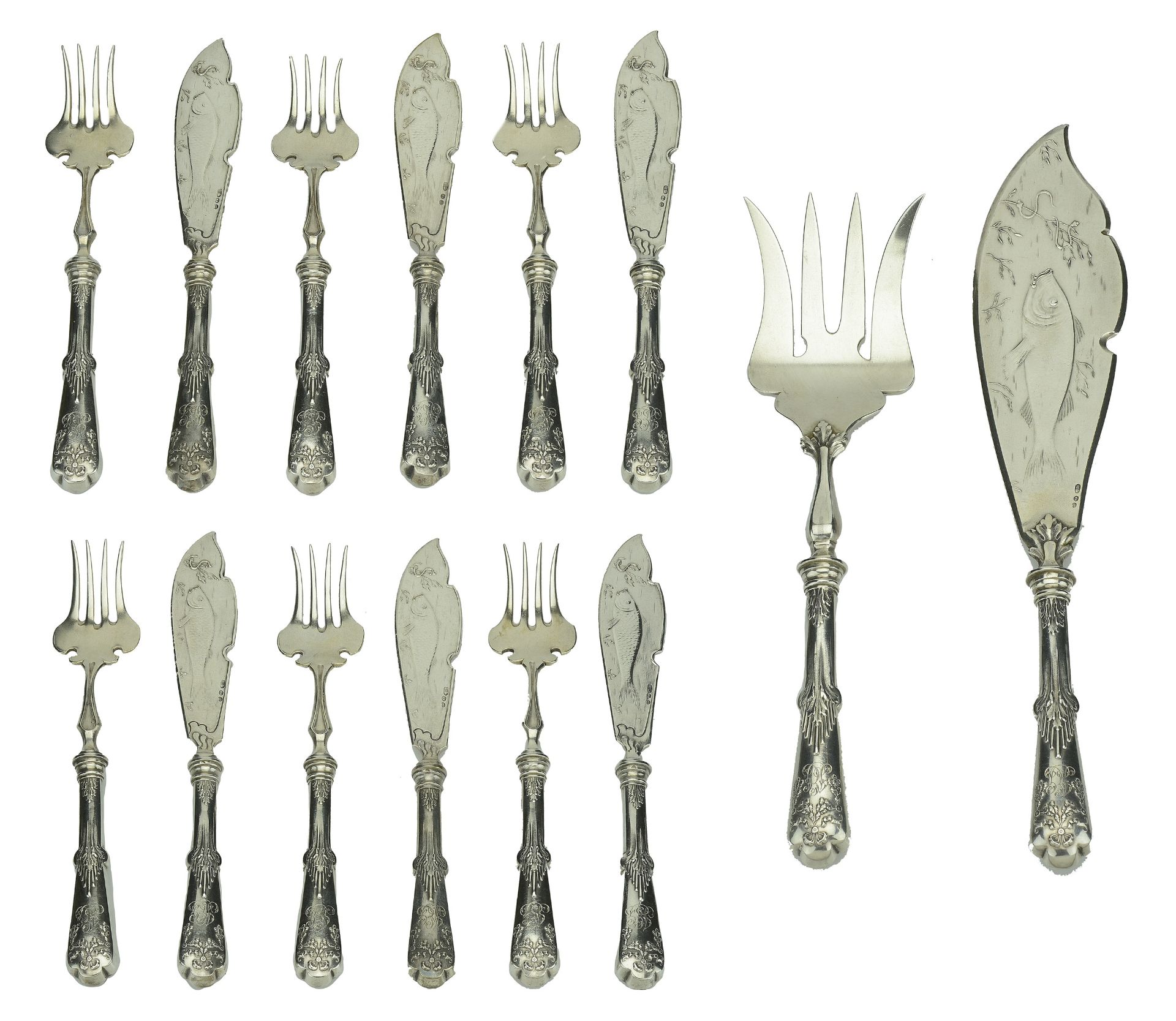 A set of six Russian silver fish knives and forks and a pair of matching servers, each knife...