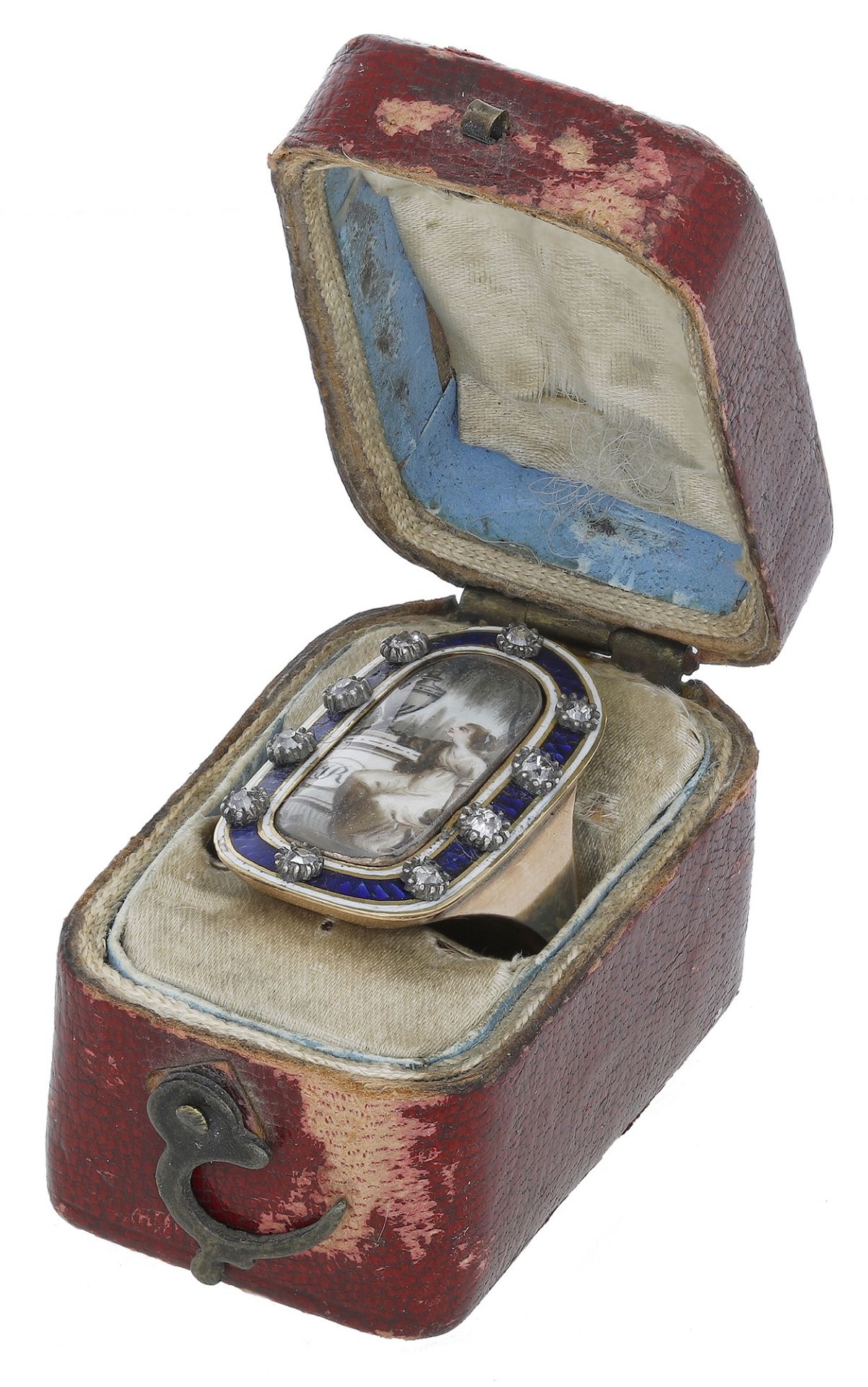 A late 18th century memorial ring, the oblong shaped panel centred with a glazed en grisaill... - Image 2 of 3