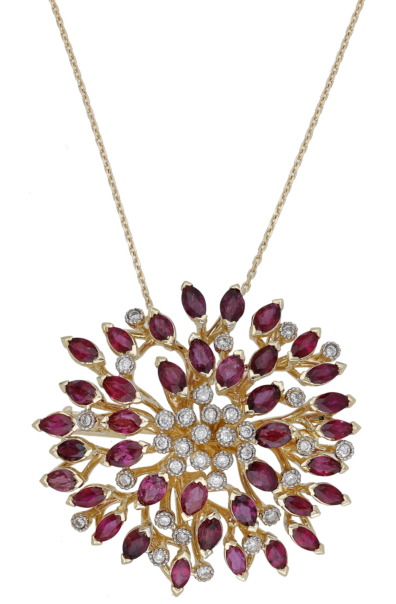 A ruby and diamond brooch/ pendant on chain, of foliate design, set throughout with a combin...