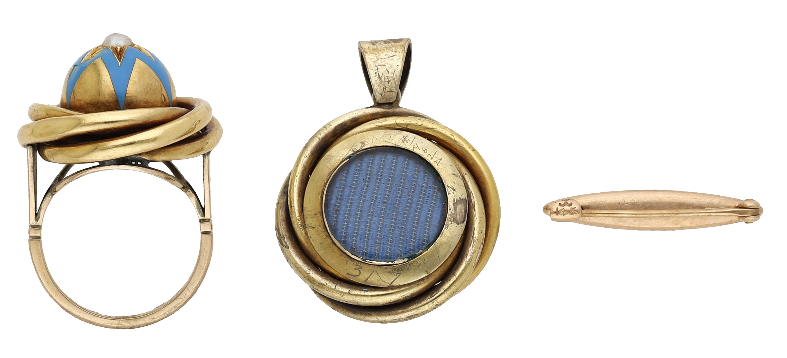 A mid-late 19th century gem-set enamel pendant and ring, the pendant of whorl design, centre... - Image 2 of 3