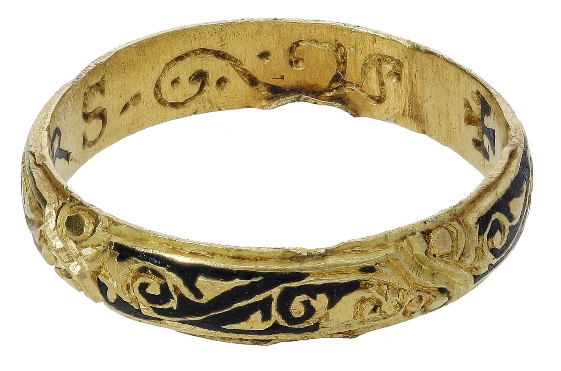 An early 17th century gold and black enamel posy ring, the D-shaped band inscribed to the in... - Image 2 of 2