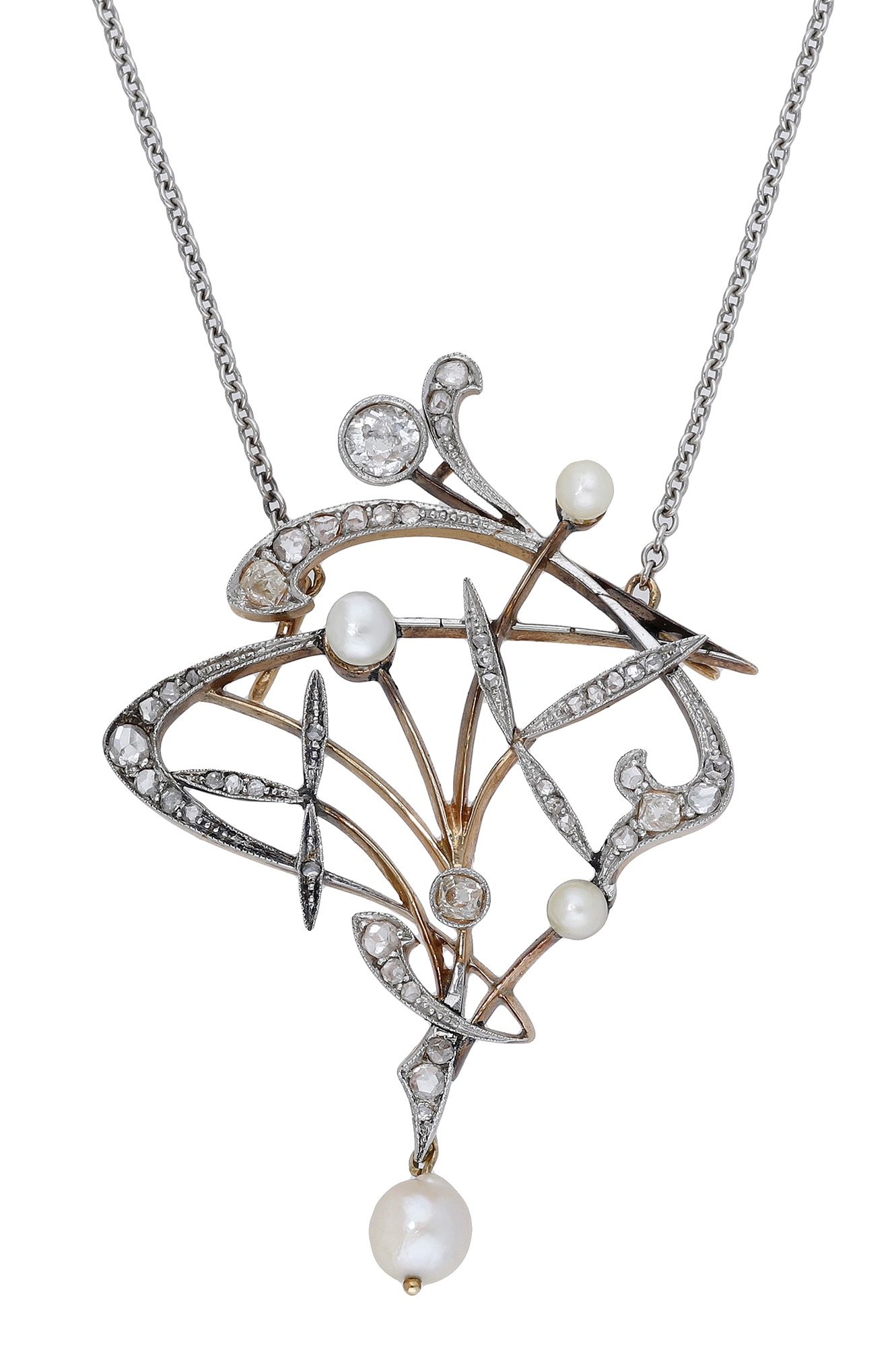 An early 20th century diamond and pearl pendant on chain, of whiplash design, set throughout... - Image 2 of 4