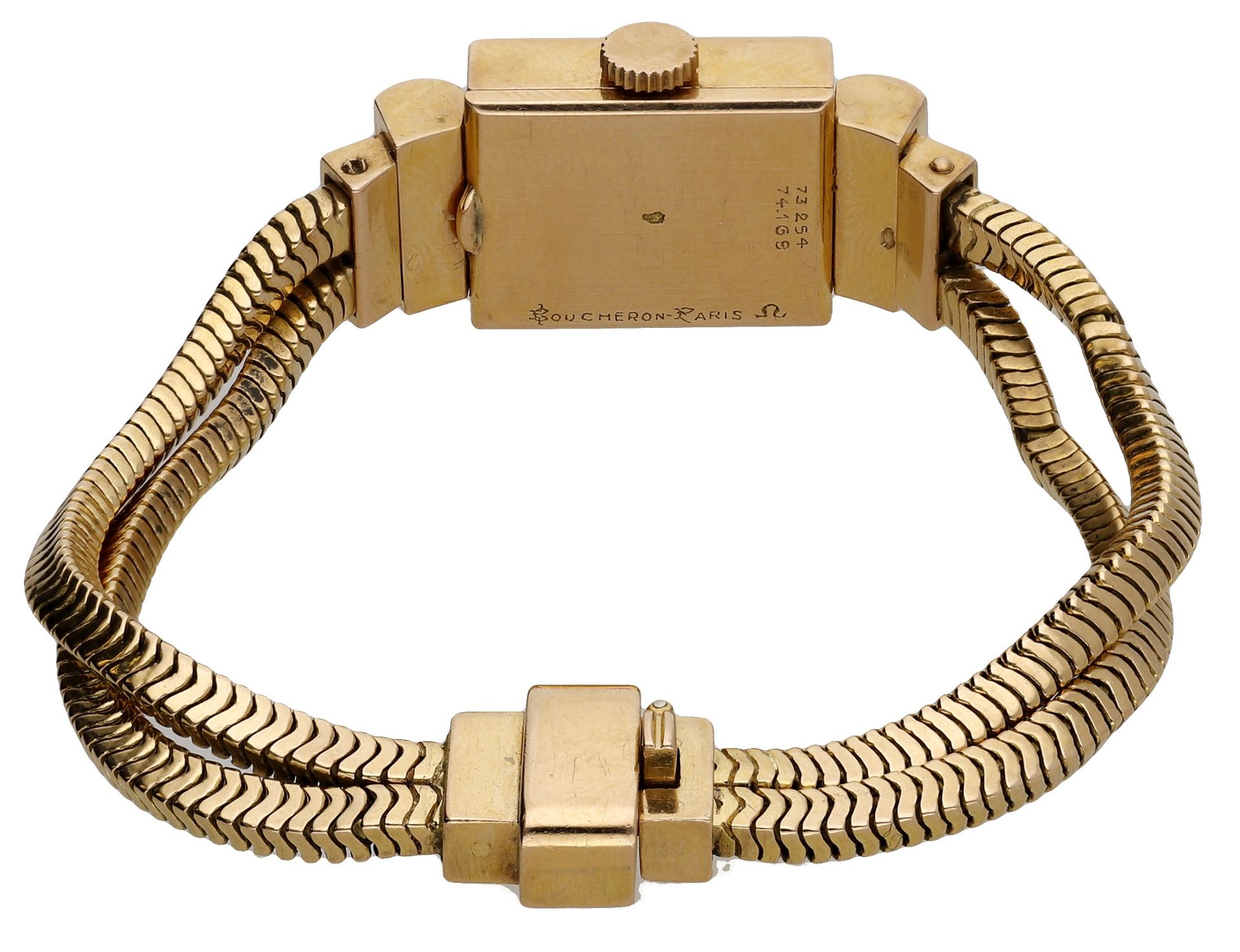 Boucheron. A lady's gold and synthetic ruby-set bracelet watch, circa 1956. Movement: cal.... - Bild 2 aus 5