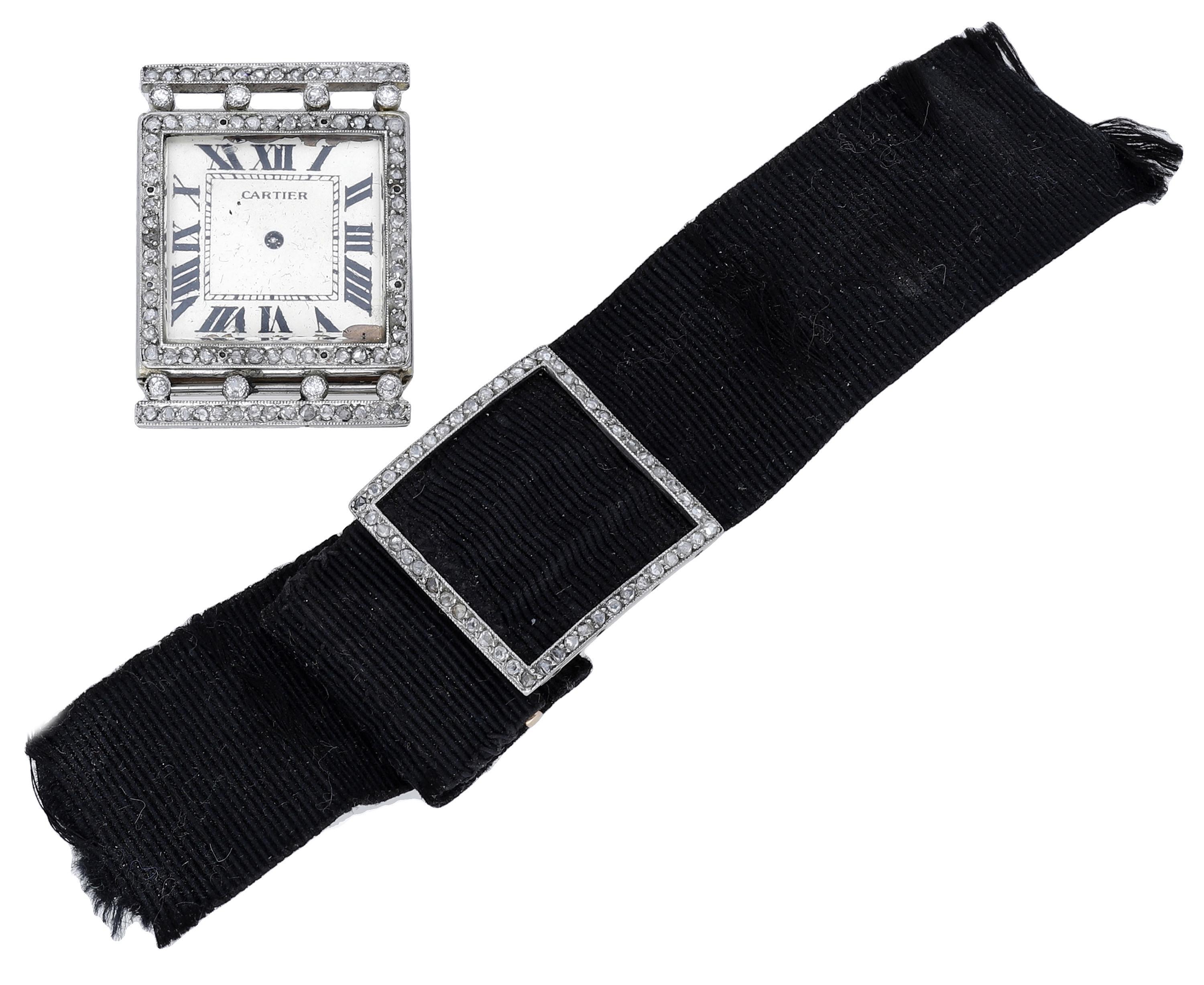 Cartier. A lady's square platinum, gold and diamond-set Art Deco wristwatch, circa 1925. Mo...