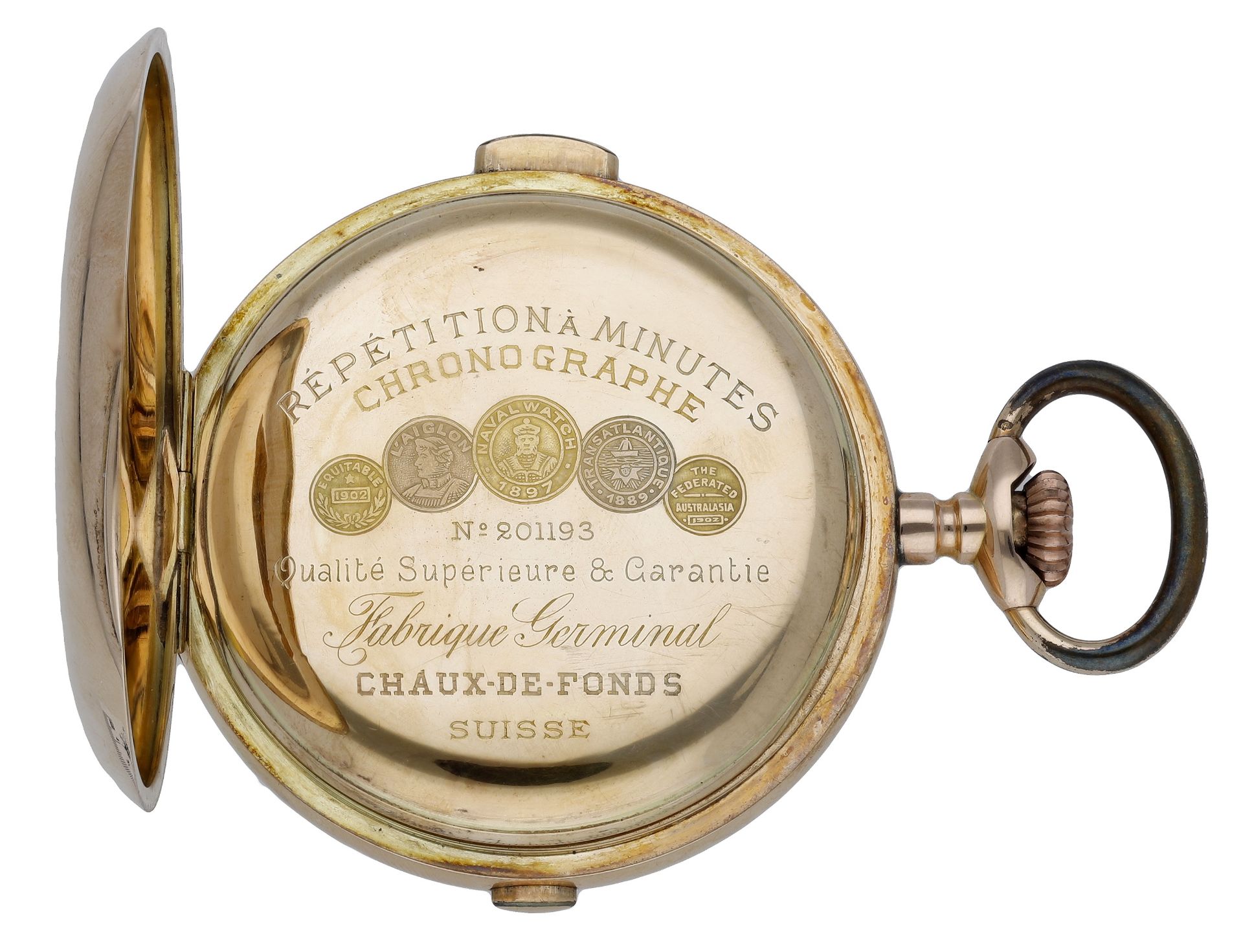 Swiss. A gold hunting cased minute repeating keyless watch with chronograph, circa 1900. Mo... - Bild 4 aus 5