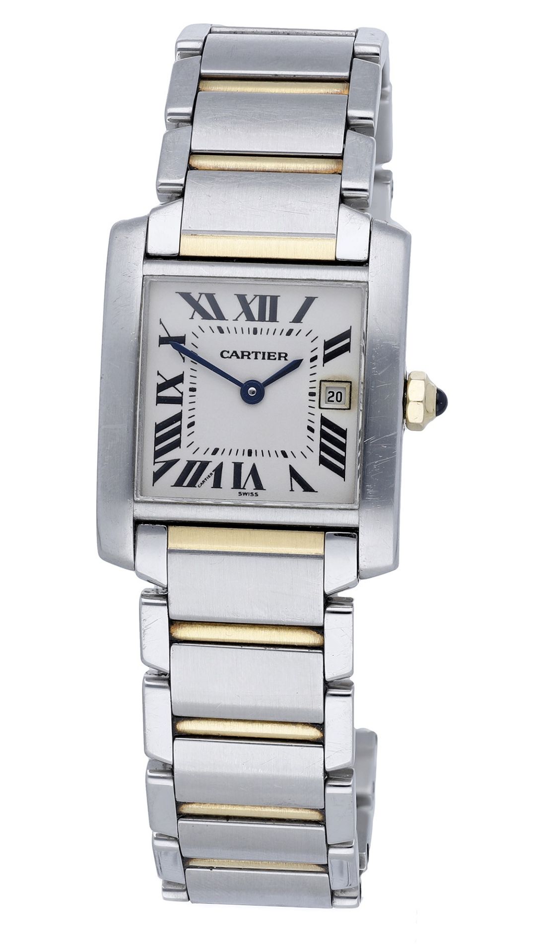 Cartier. A lady's steel and gold rectangular wristwatch with bracelet, Ref. 2465, Tank Franc...