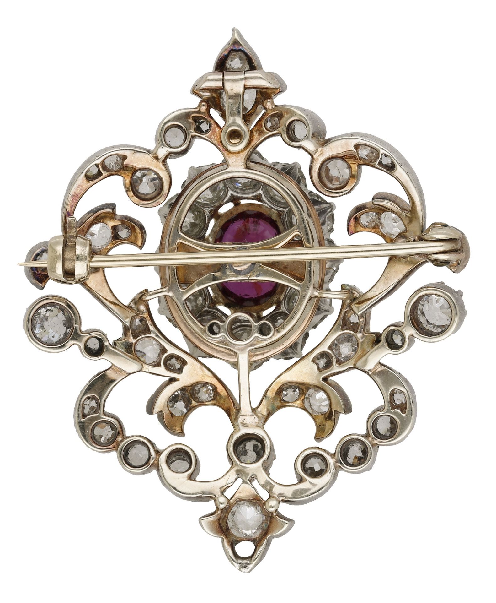 A ruby and diamond brooch, circa 1890, the openwork scrolling cartouche set centrally with a... - Image 2 of 3