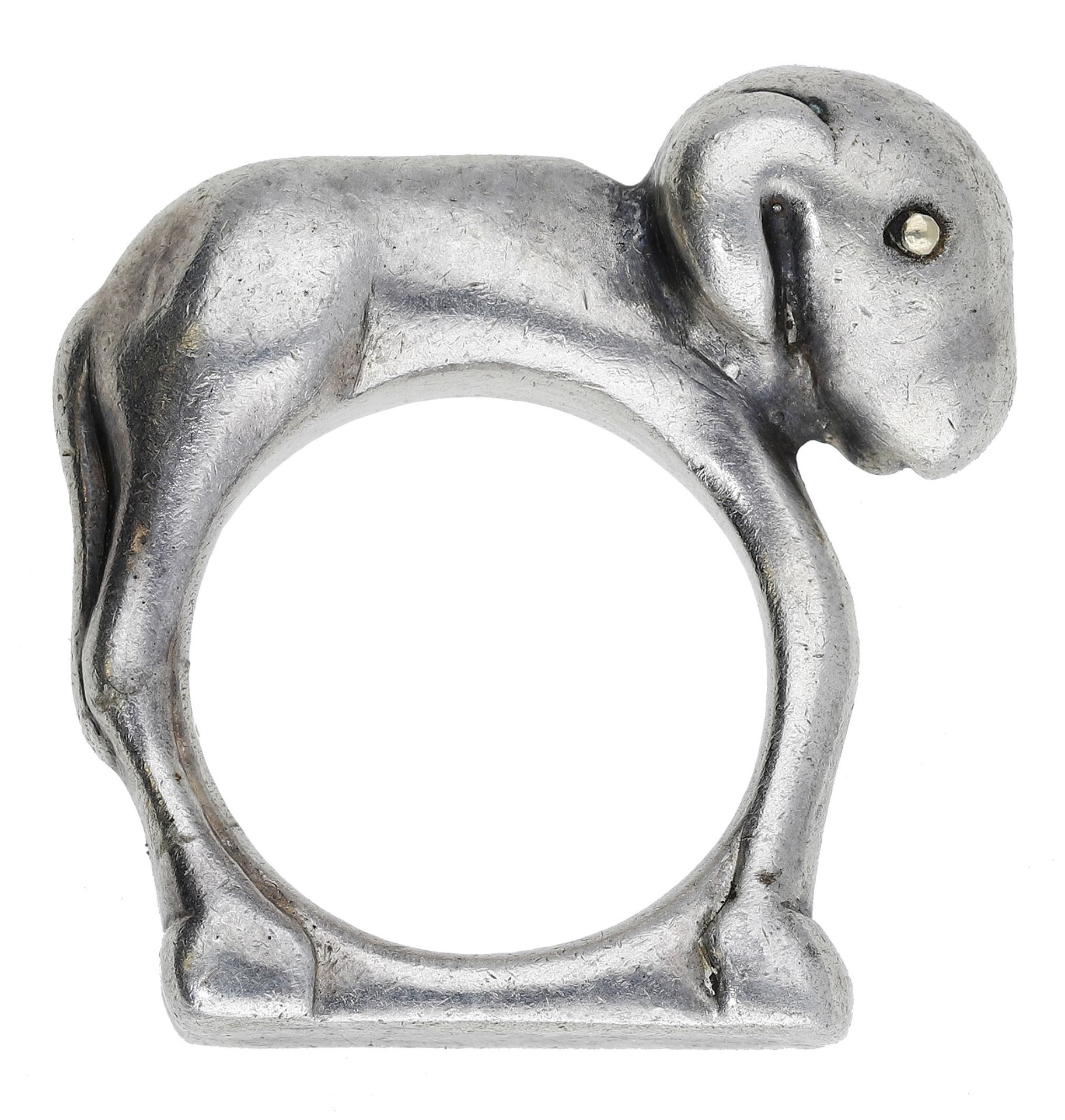 A silver figural ring by Mosheh Oved, circa 1940, the angular design modelled as a lamb, wit... - Image 2 of 2