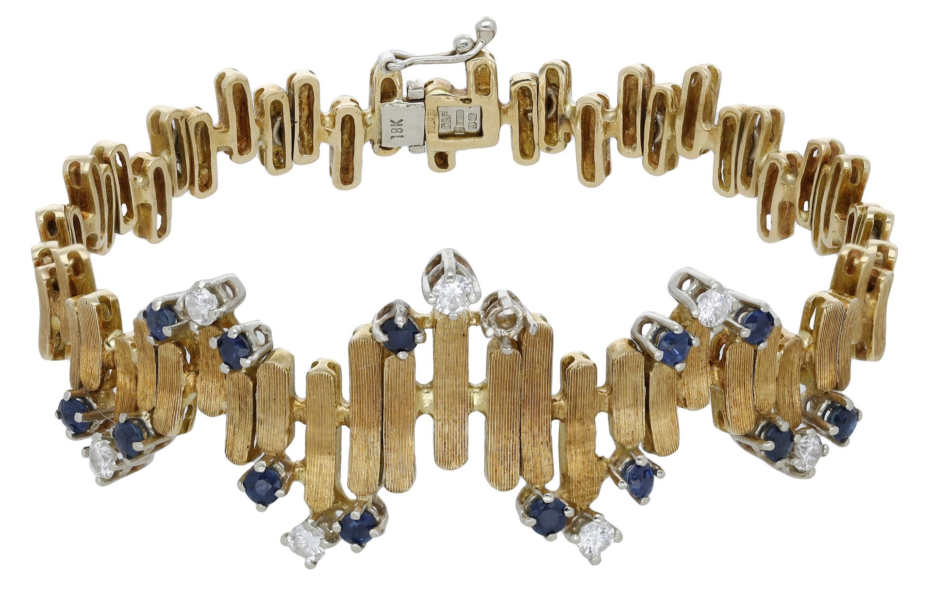 An 18ct gold sapphire and diamond bracelet retailed by Deakin & Francis, 1973, of textured a...