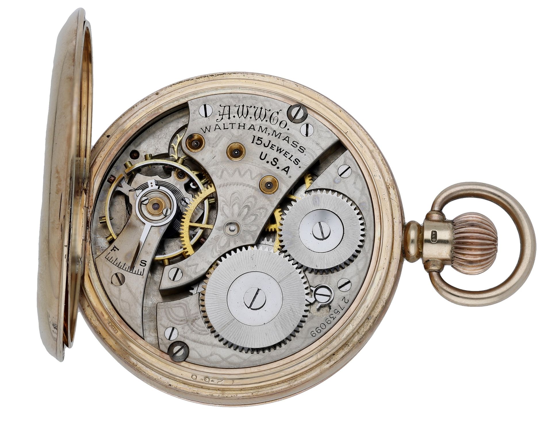Waltham. A gold hunting cased keyless watch, 1932. Movement: lever escapement, 15 jewels, n... - Image 2 of 7