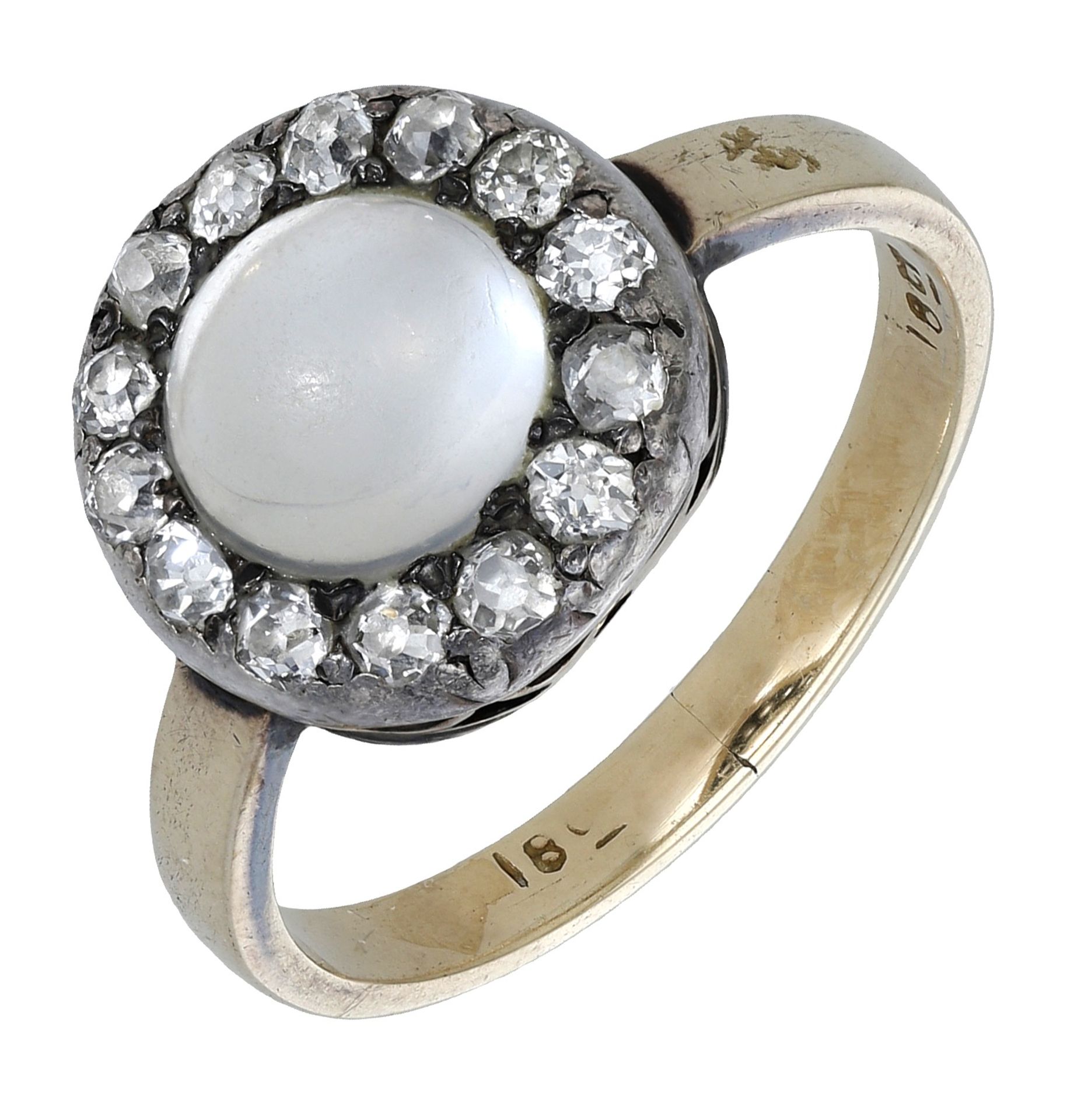 A 19th century moonstone and diamond cluster ring, the moonstone cabochon within a surround...