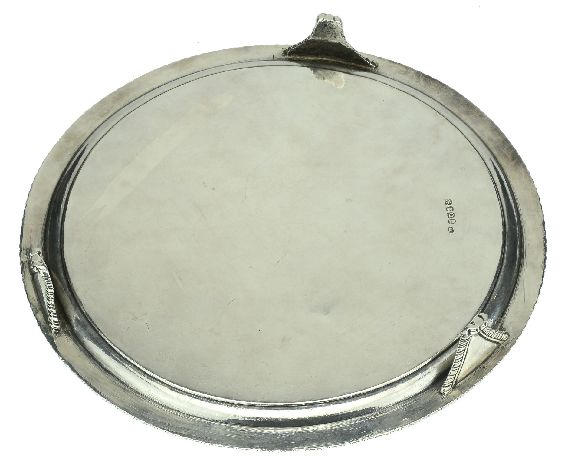 A George III silver salver, with gadrooned border, on three gadroon-edged feet, centred with... - Image 2 of 4