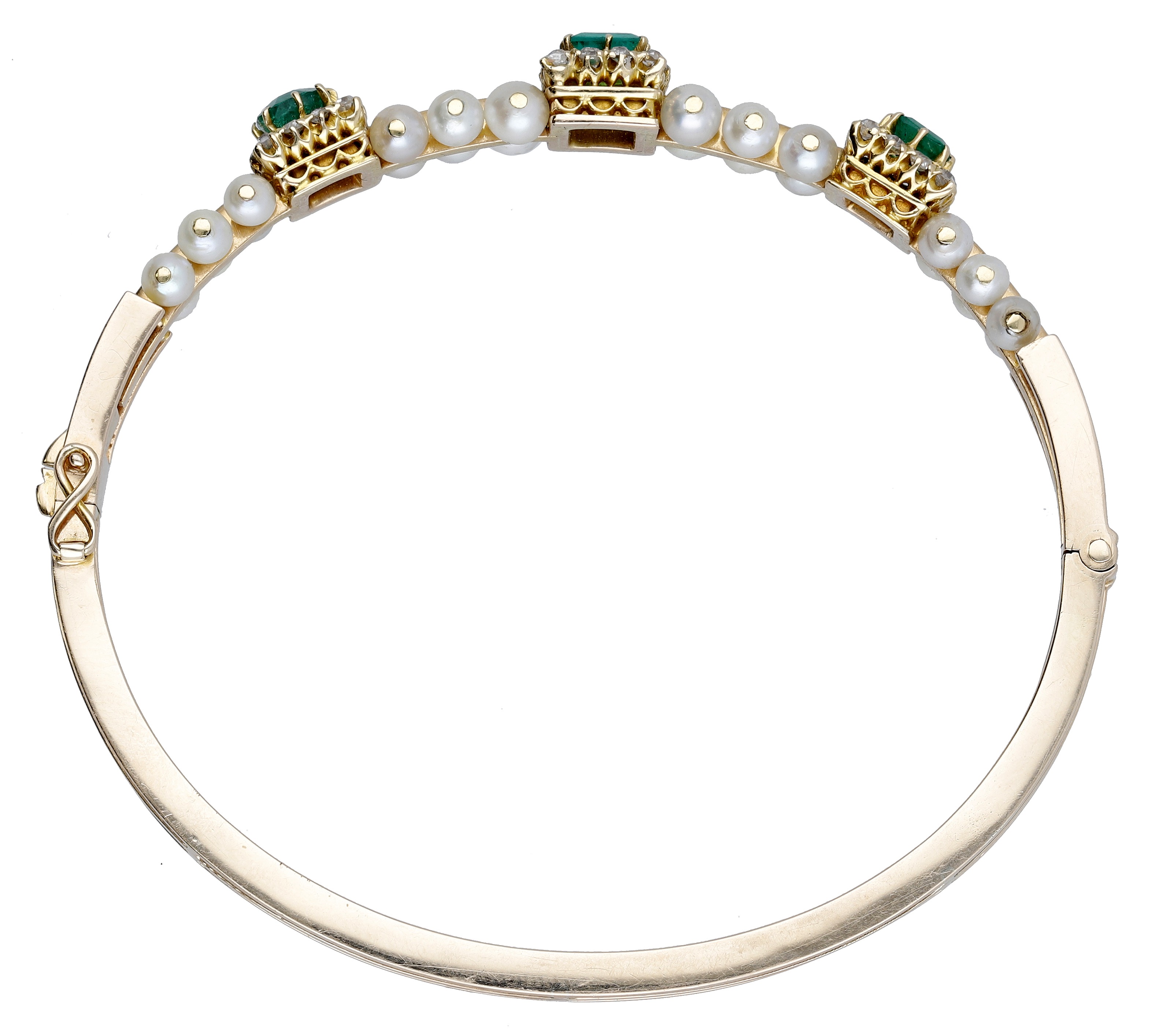 A late 19th century emerald and pearl bangle, set to the front with a central step-cut emera... - Image 3 of 4