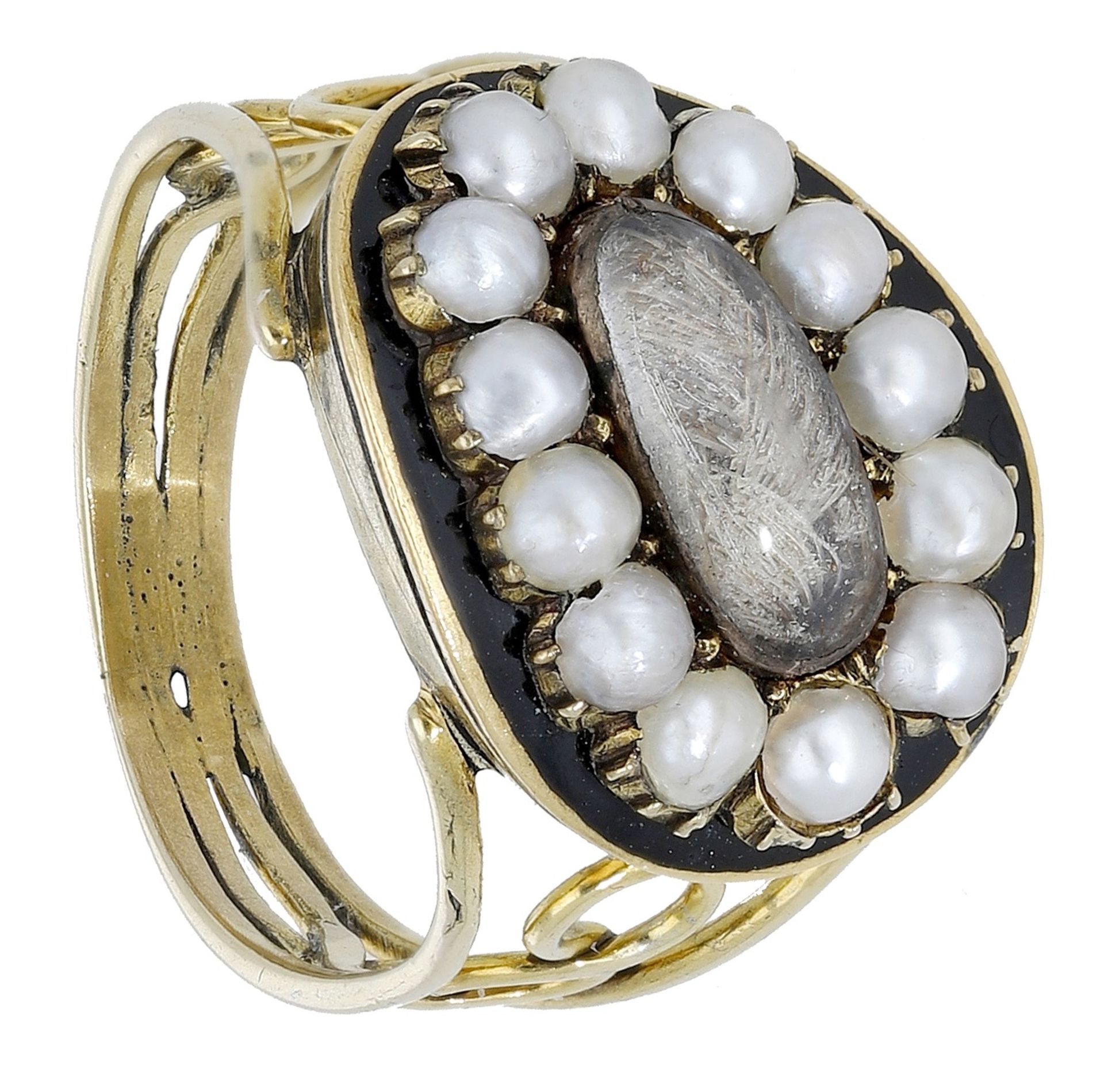 An early 19th century memorial ring, the central glazed hairwork panel within a seed pearl a...