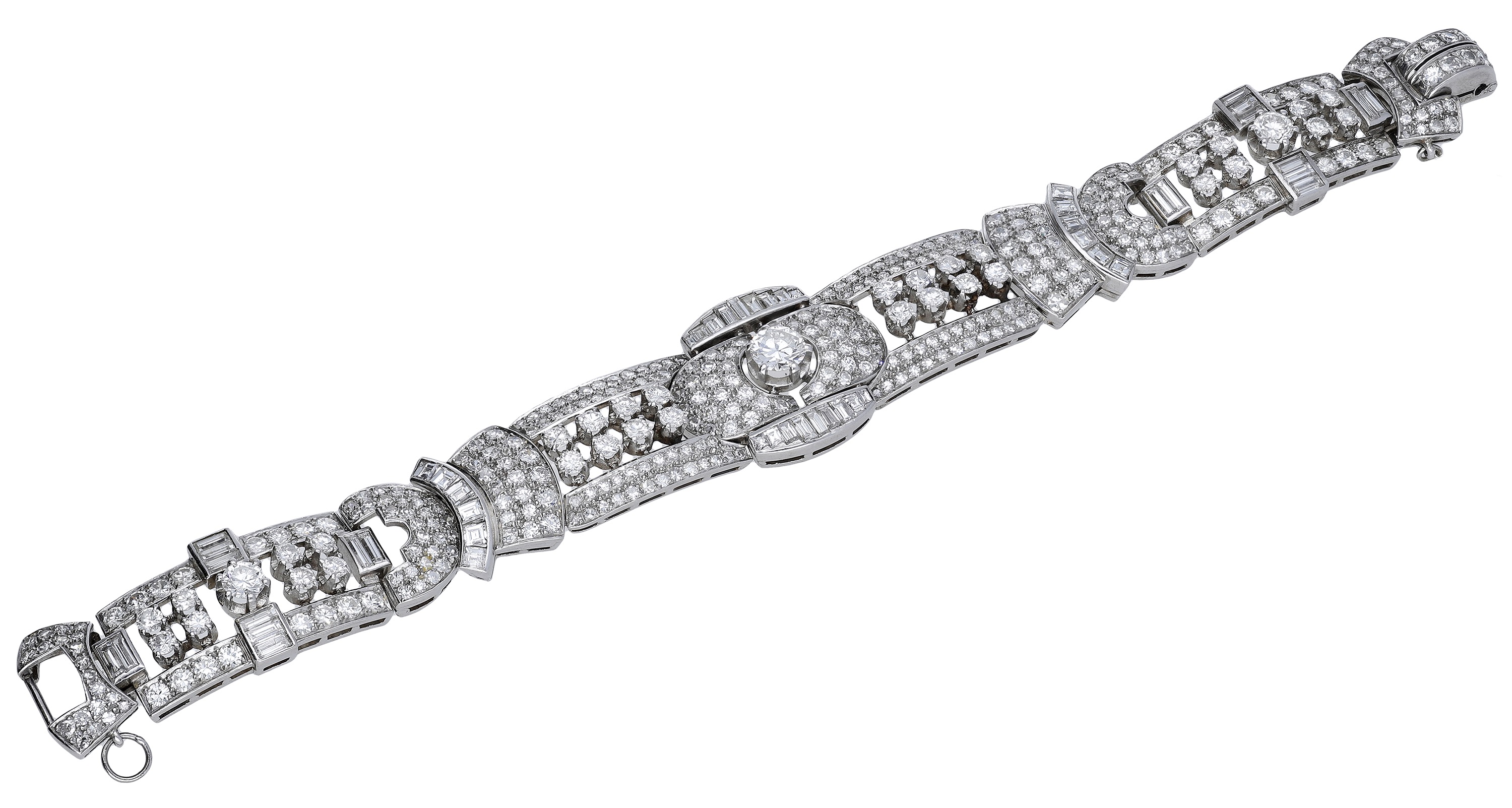 A mid 20th century diamond bracelet, the openwork strap of geometric design, set throughout...