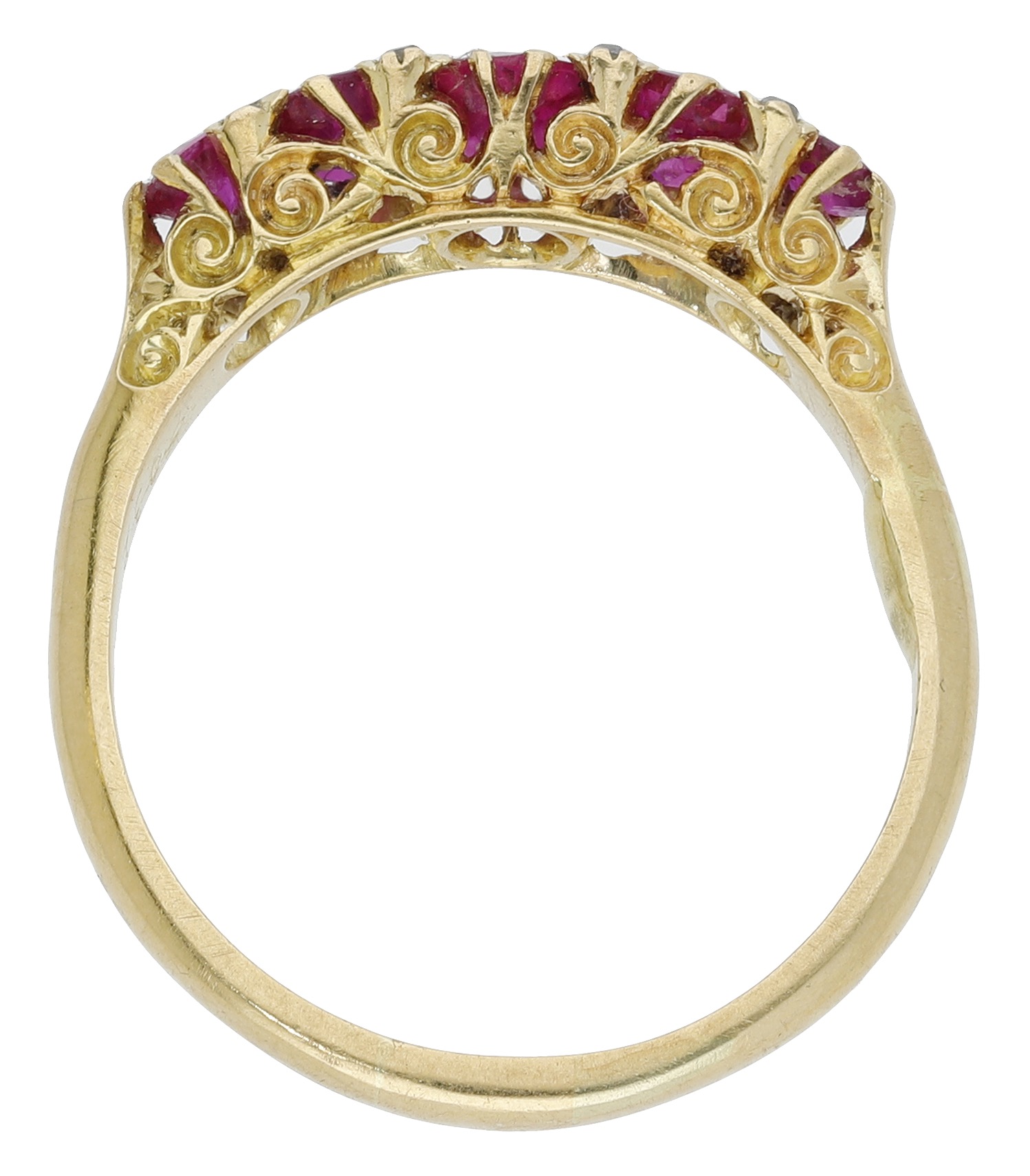 A late 19th century ruby five stone ring, the graduated circular-cut rubies with rose-cut di... - Image 2 of 3