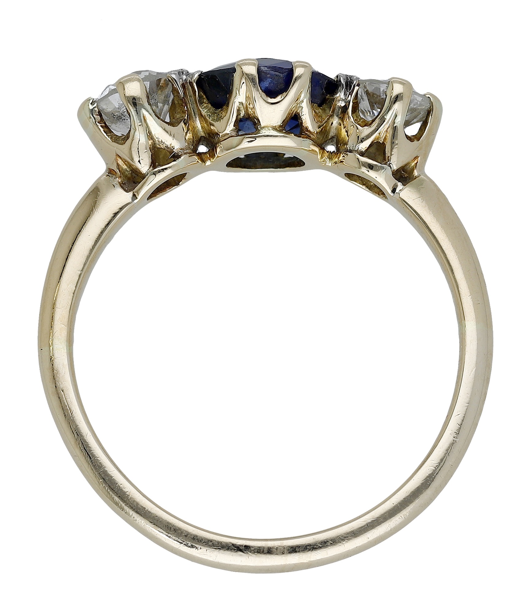 A sapphire and diamond three stone ring, set with a circular-cut sapphire with an old brilli... - Image 2 of 3