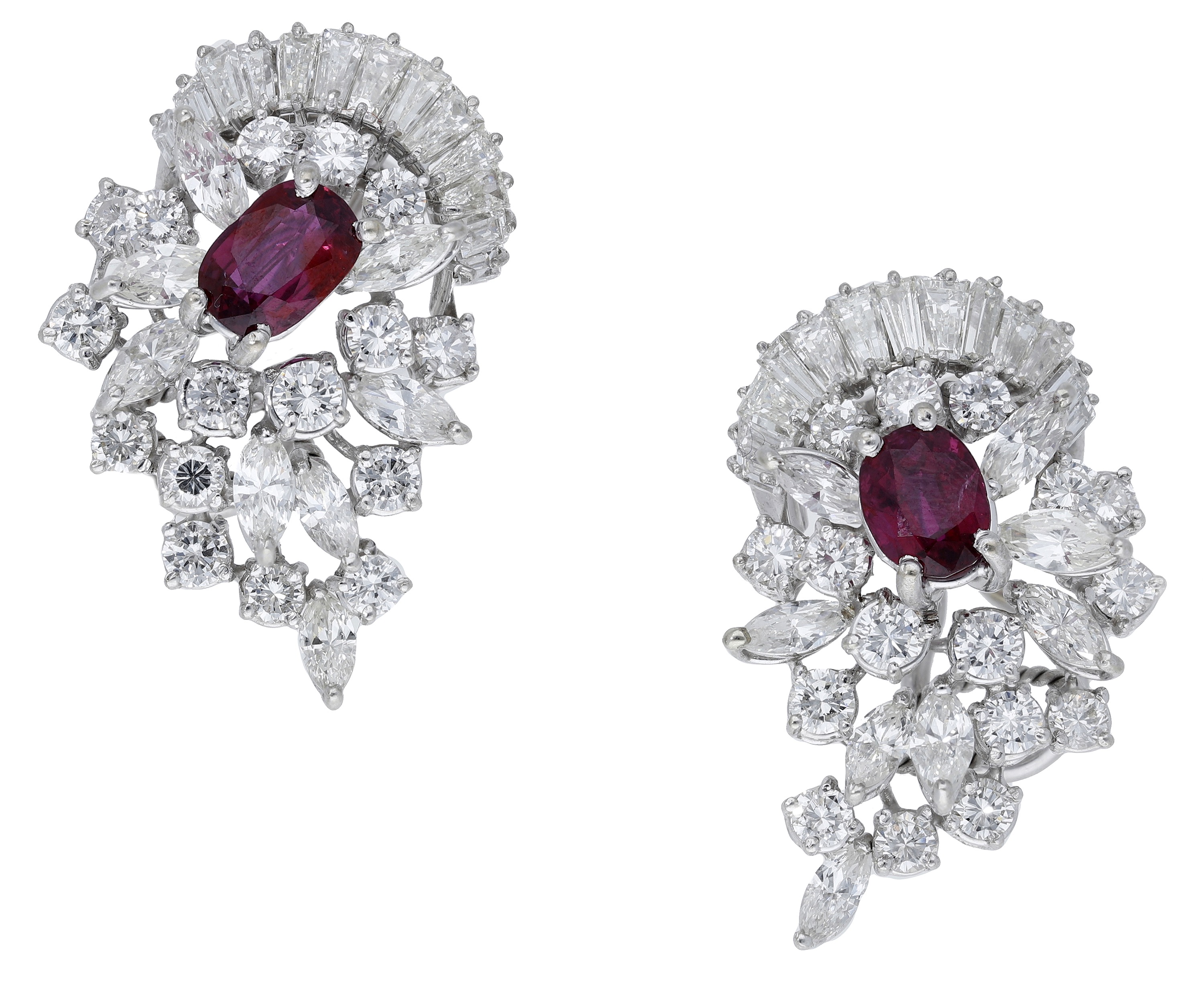 A pair of ruby and diamond ear clips, the tiered clusters set throughout with vari-cut diamo... - Image 2 of 4