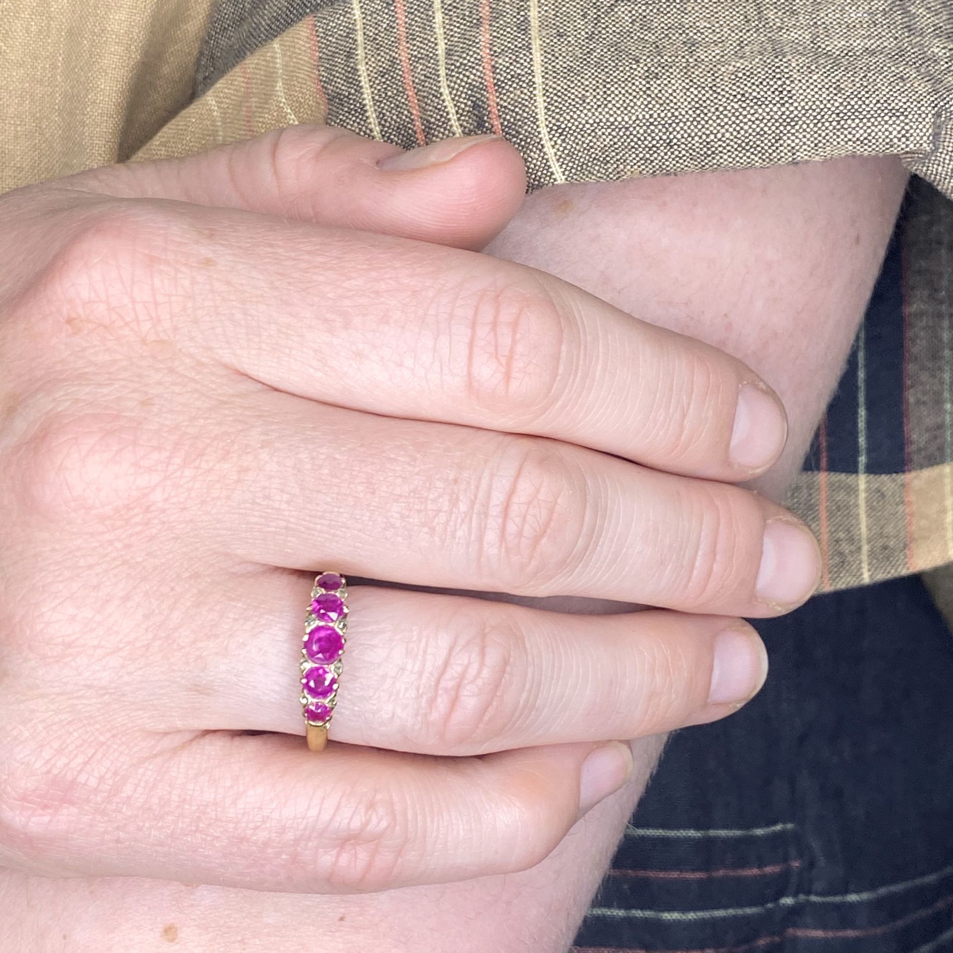 A late 19th century ruby five stone ring, the graduated circular-cut rubies with rose-cut di... - Image 3 of 3