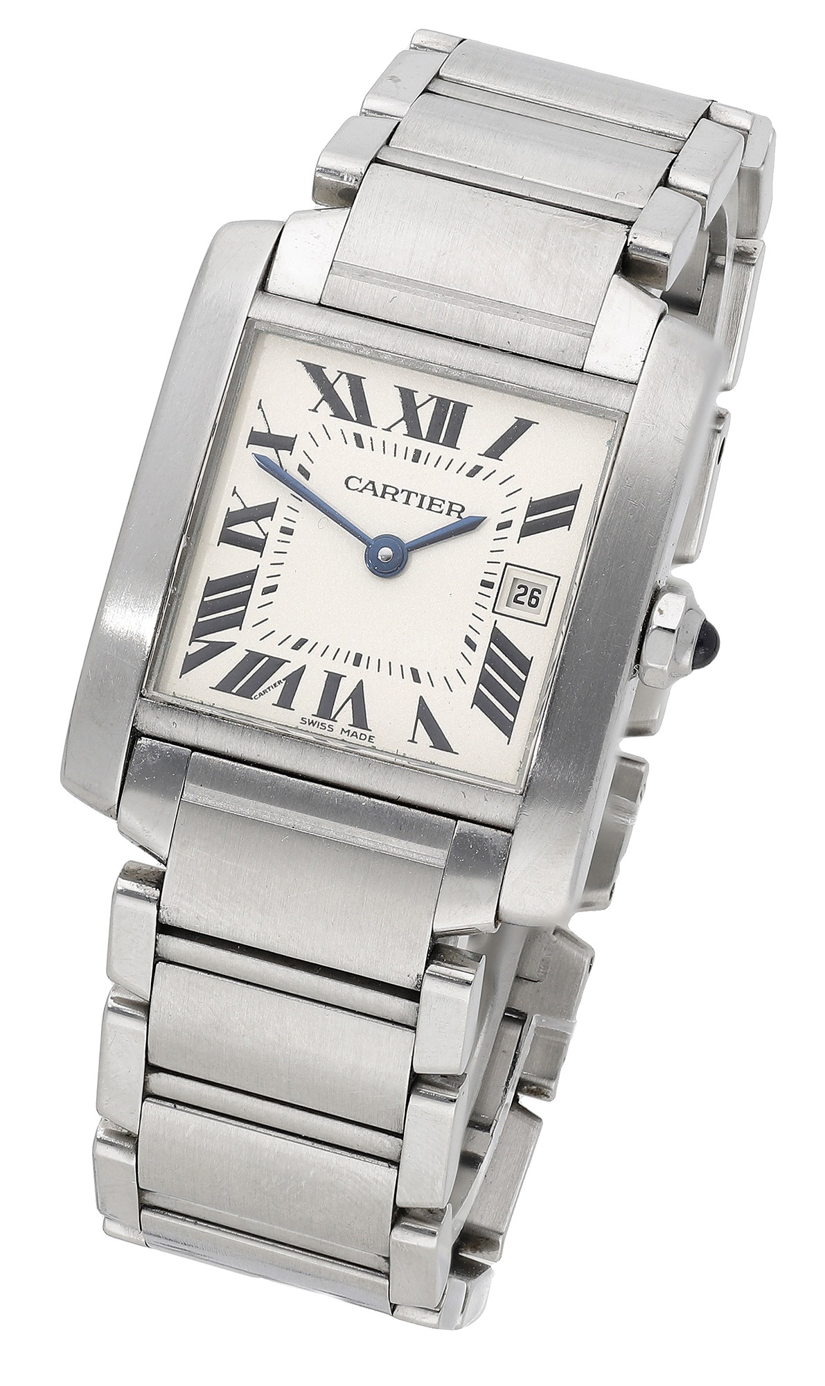 Cartier. A lady's stainless steel rectangular wristwatch with bracelet, Ref. 2465, Tank Fran...