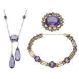 A small collection of early 20th century amethyst jewellery, comprising an amethyst negligee...