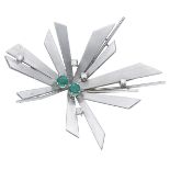 An emerald and diamond brooch, circa 1970, of abstract starburst design, the rays with satin...