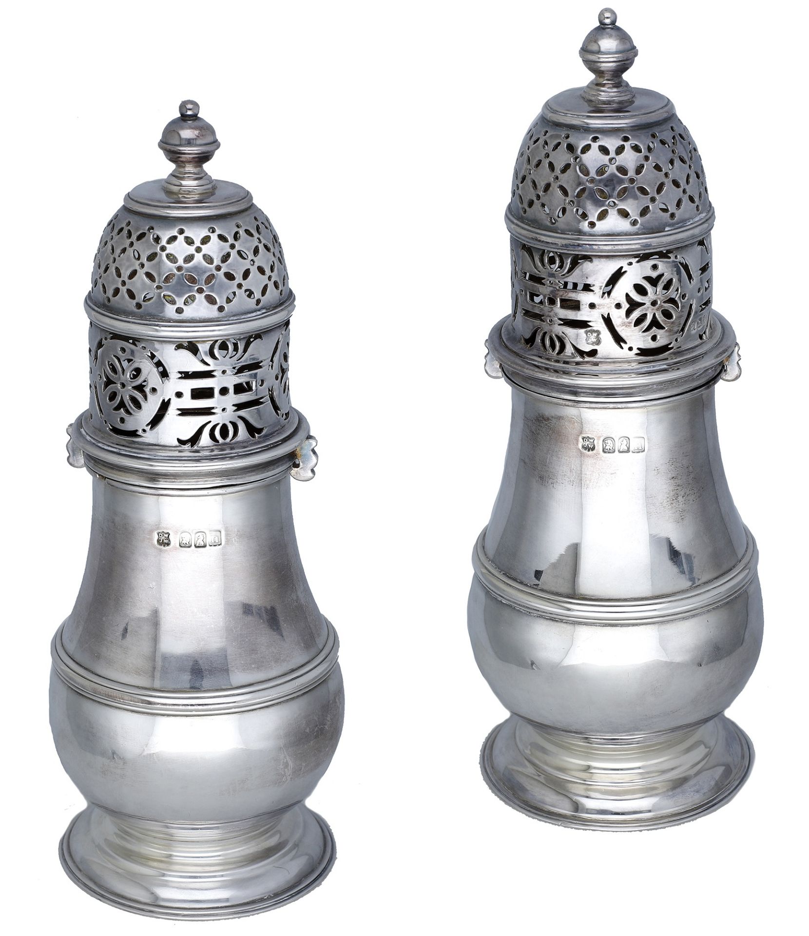 A pair of Edward VII Britannia standard silver sugar casters, of early Georgian design, with...