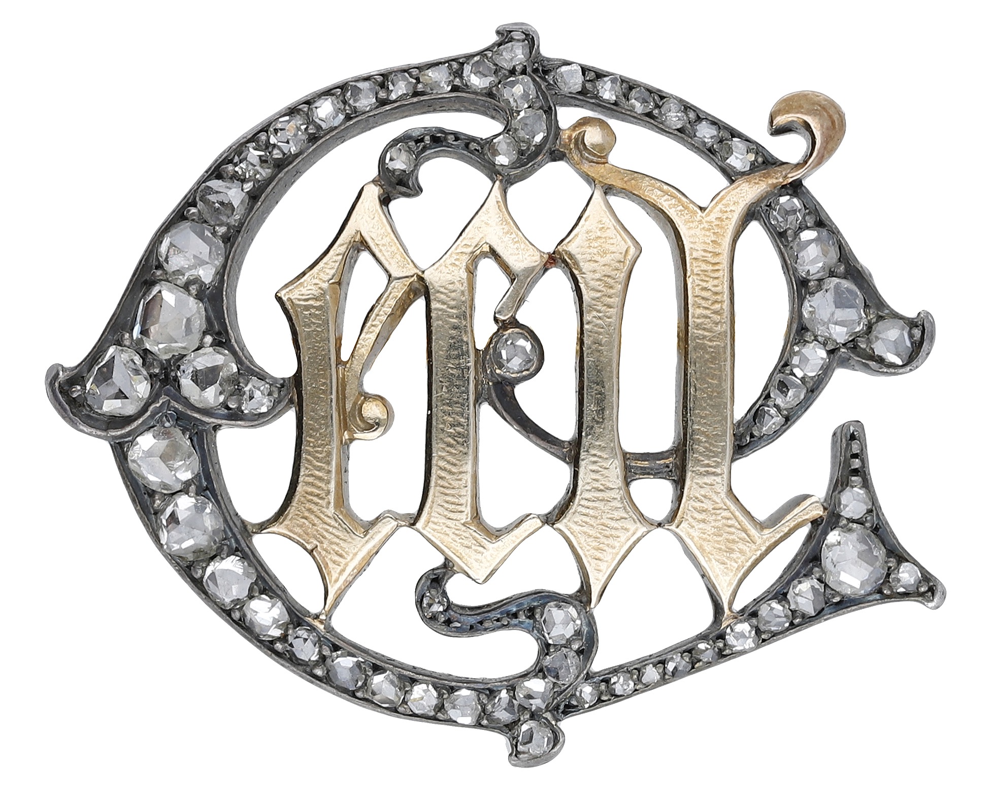 A diamond monogram brooch, circa 1890 - 1900, the gold initials in Gothic script in a stylis...