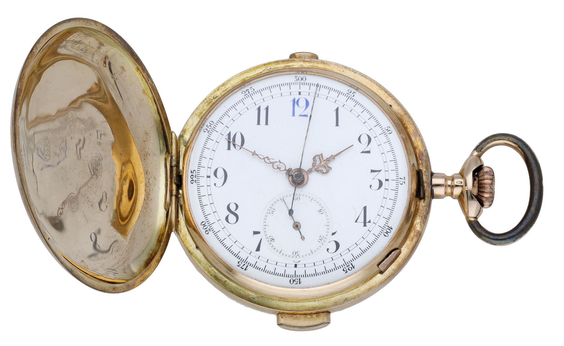 Swiss. A gold hunting cased minute repeating keyless watch with chronograph, circa 1900. Mo...