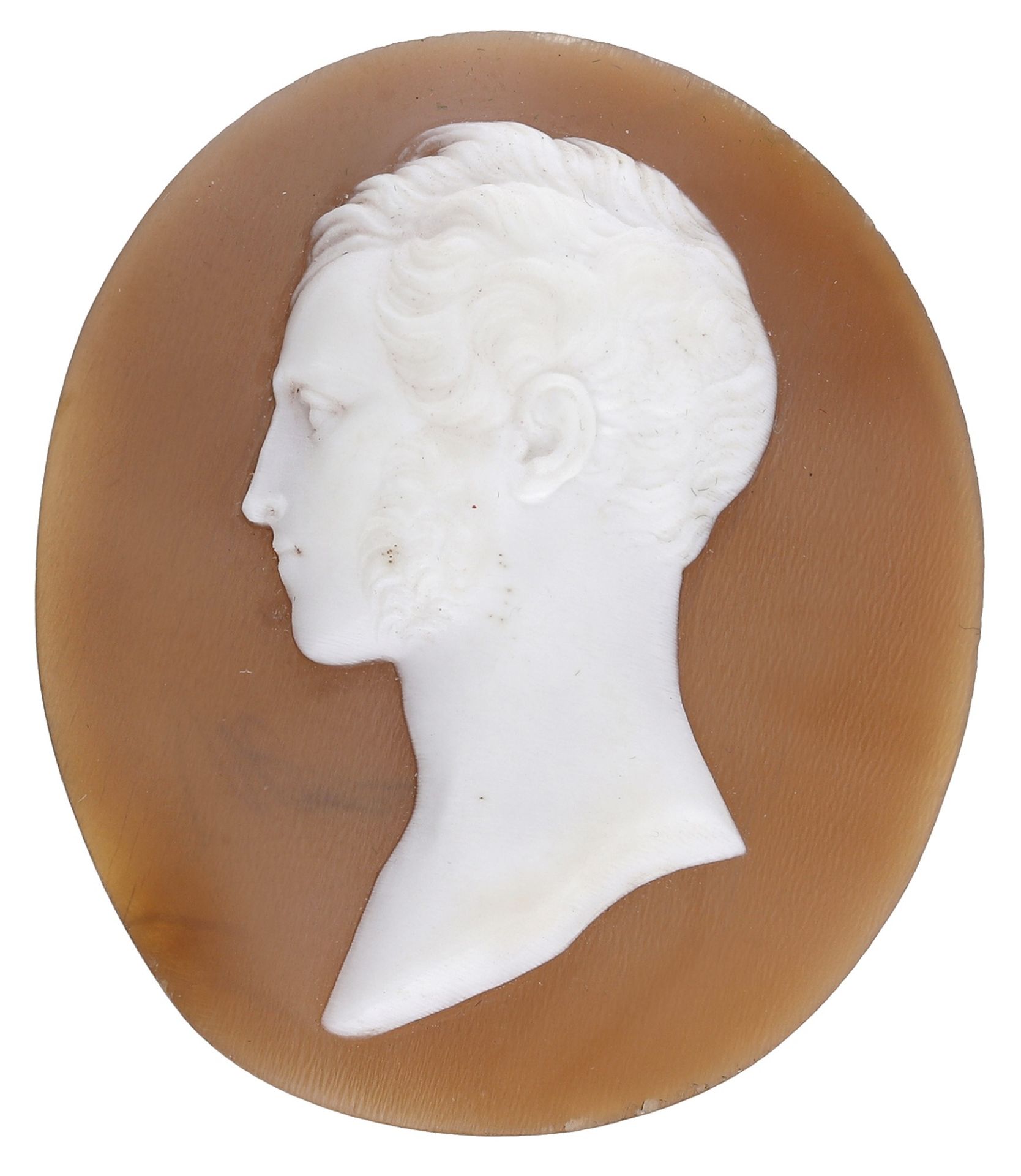 A mid 19th century unmounted oval shell cameo, carved to depict the profile of young man, po...