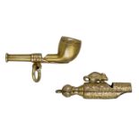 A Victorian small gold whistle, modelled as a pipe, with scroll-engraved bowl and suspension...