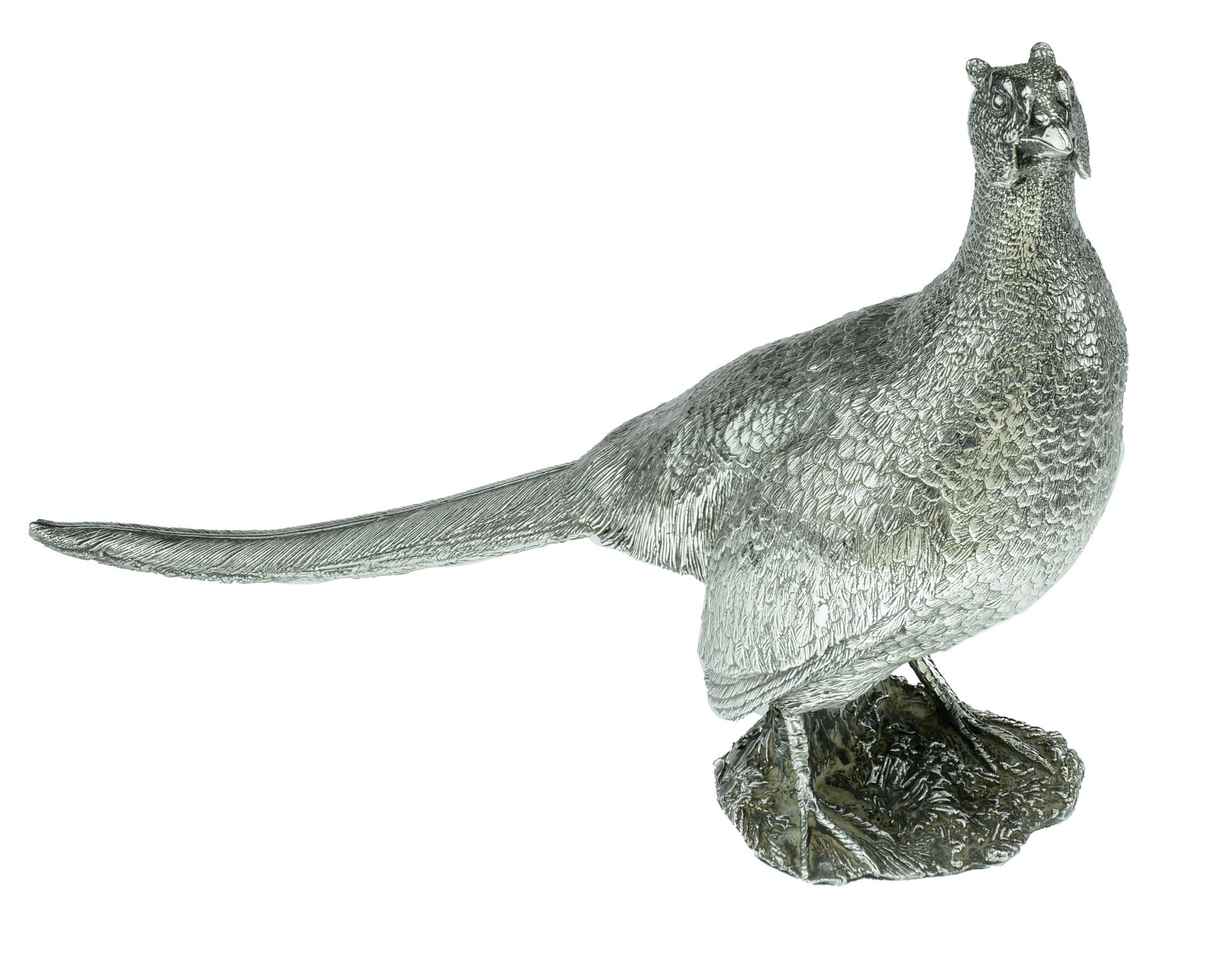 A silver cock pheasant table ornament, by maker 'BS', Birmingham 1996, (filled), height 14cm...