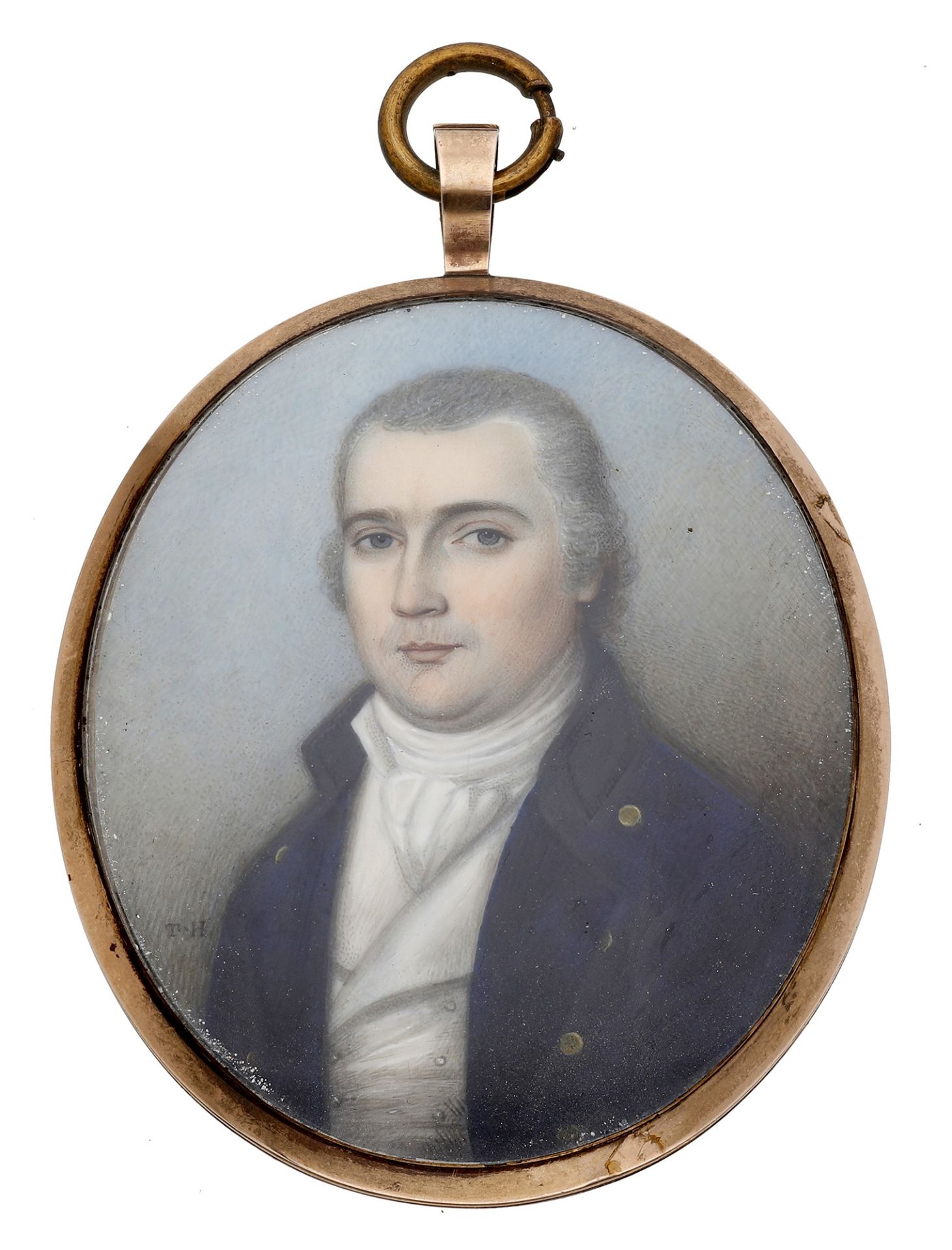 A 19th century oval portrait miniature of a gentleman by Thomas Hargreaves, bust length, wea...