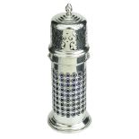 An Edward VII silver lighthouse caster, the body pierced decorated with interlaced roundels,...