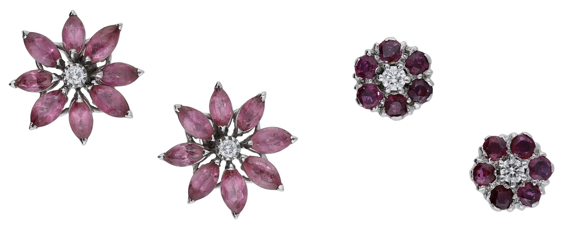 Two pairs of gem-set cluster ear studs, the first pair of flowerhead clusters comprising a b...