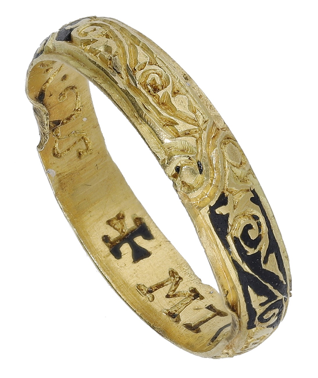 An early 17th century gold and black enamel posy ring, the D-shaped band inscribed to the in...