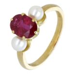 A ruby and cultured pearl ring, 1992, set with an oval-cut ruby with a cultured pearl to eit...