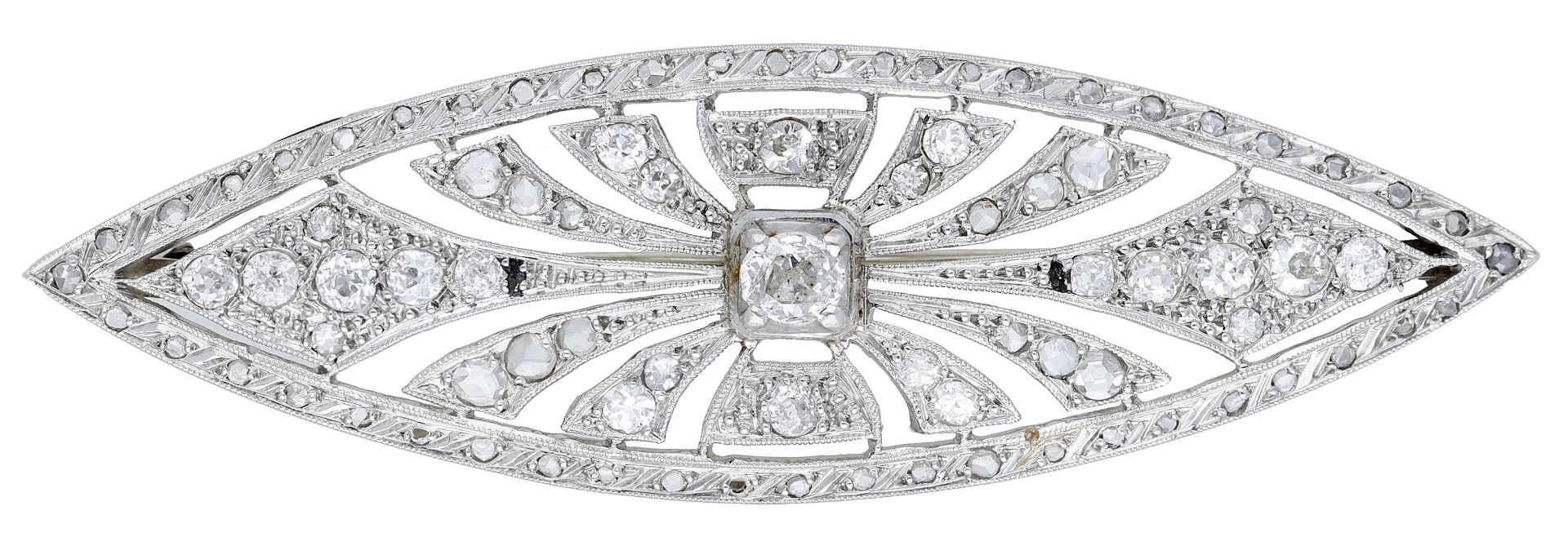 An Art Deco diamond brooch, French, the pierced navette set throughout with old brilliant, s...