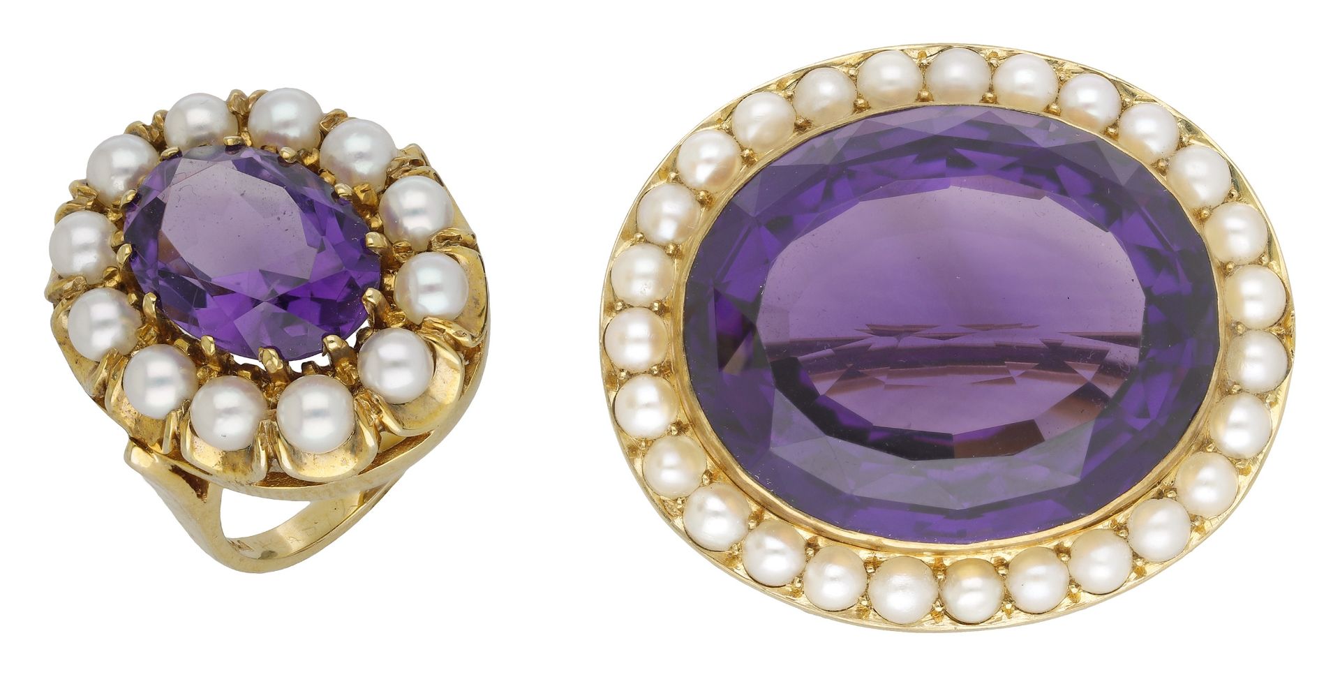 An amethyst and cultured pearl brooch and ring, the brooch circa 1890, centred with oval an...
