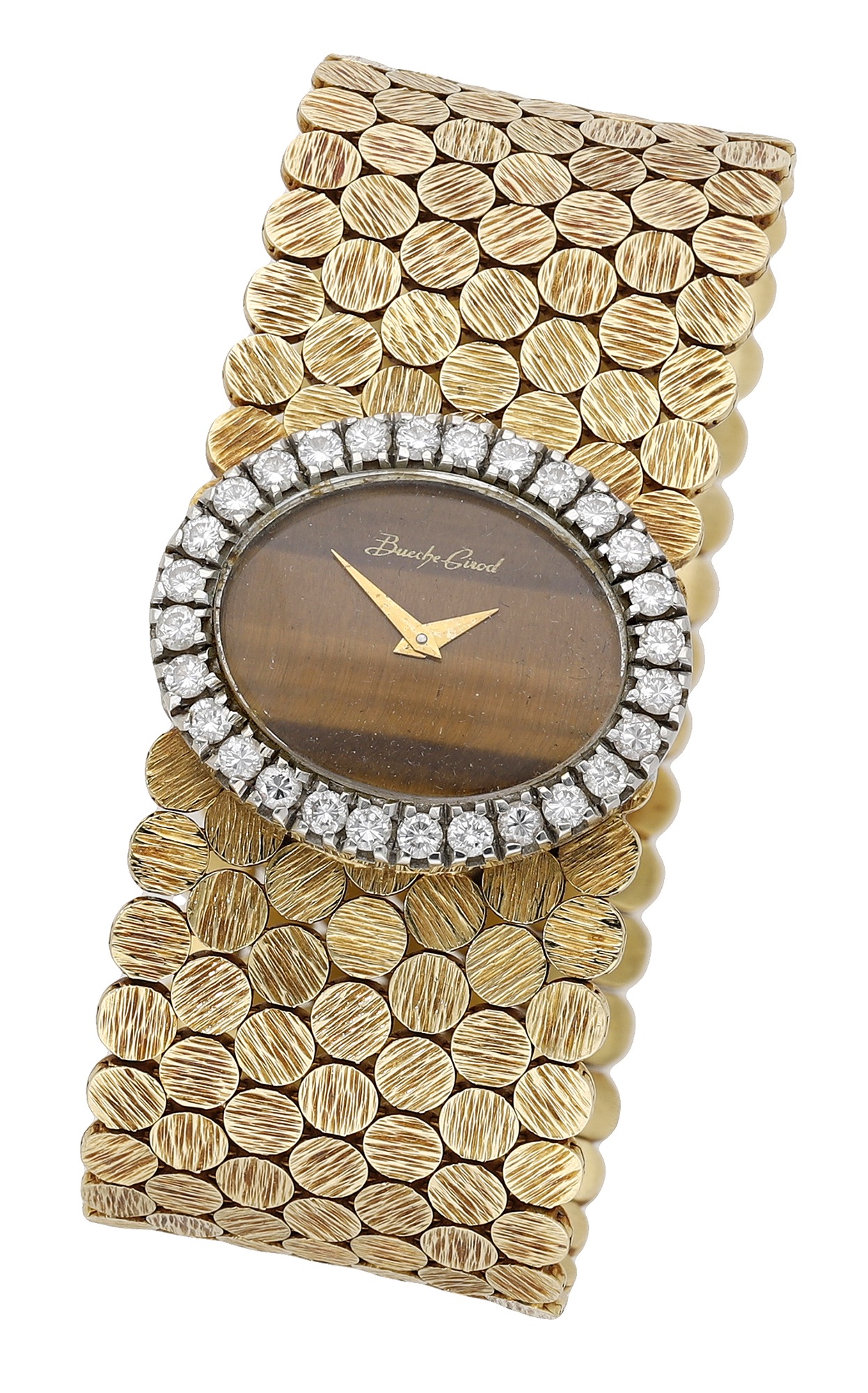 Bueche Girod. A gold and diamond-set bracelet watch with tiger's eye dial, circa 1971. Move...