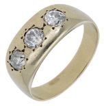 A three stone diamond ring, set with three old brilliant-cut diamonds, stamped '9C', total d...