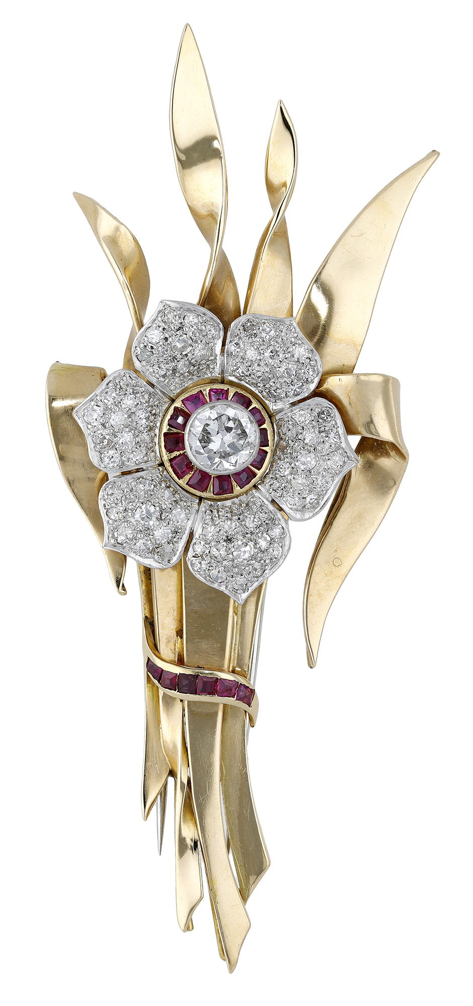A mid 20th century diamond spray brooch, the central flowerhead set with an old brilliant-cu...