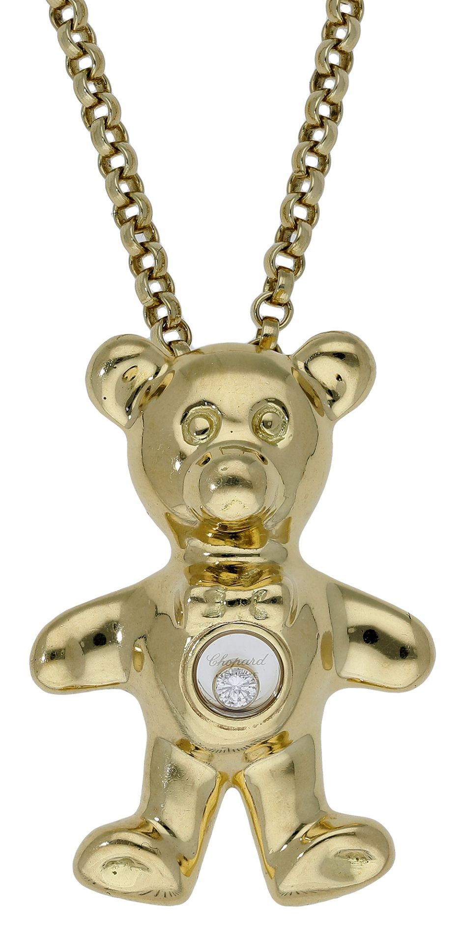 A 'Happy Diamonds' pendant and chain by Chopard, the 18ct gold teddy bear with glazed compar...