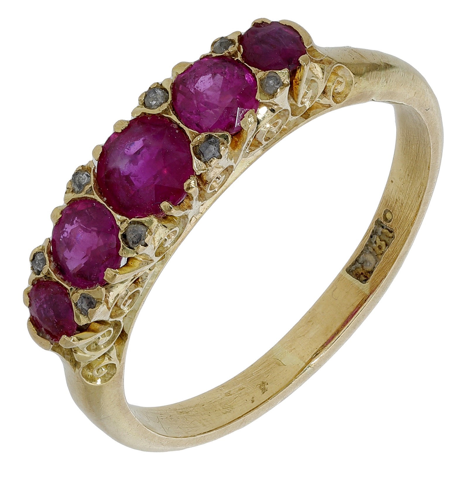 A late 19th century ruby five stone ring, the graduated circular-cut rubies with rose-cut di...